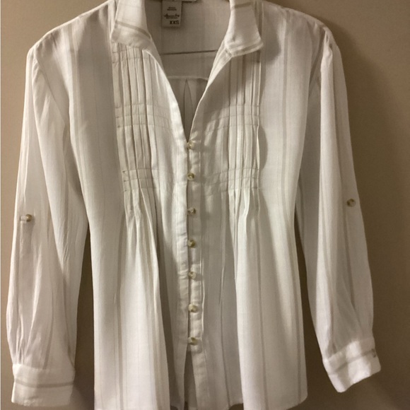 American Rag Cie XXS Peasant Pleated Front Blouse Tie Back White W Tan Stripes - Picture 3 of 9